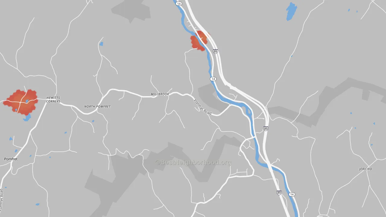 Walk Grade map of West Hartford, VT, walkable areas in green and car-dependent areas in red
