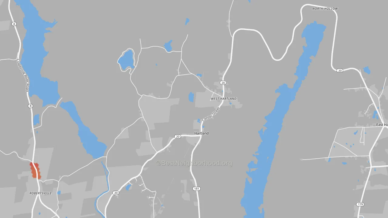 Walk Grade map of West Hartland, CT, walkable areas in green and car-dependent areas in red