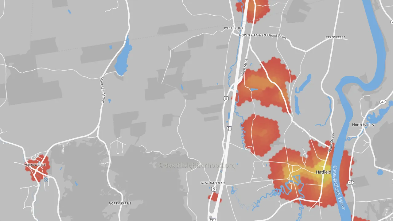 Walk Grade map of West Hatfield, MA, walkable areas in green and car-dependent areas in red