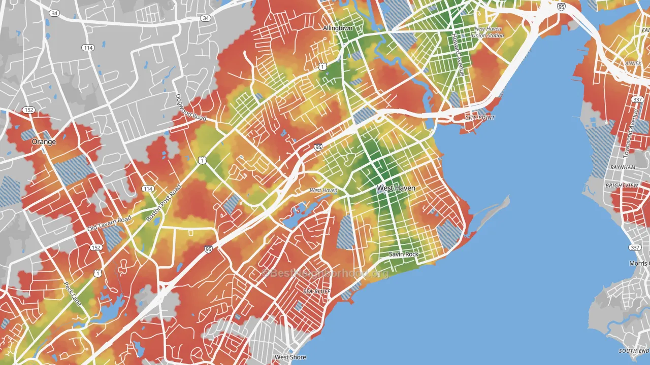 Walk Grade map of West Haven, CT, walkable areas in green and car-dependent areas in red