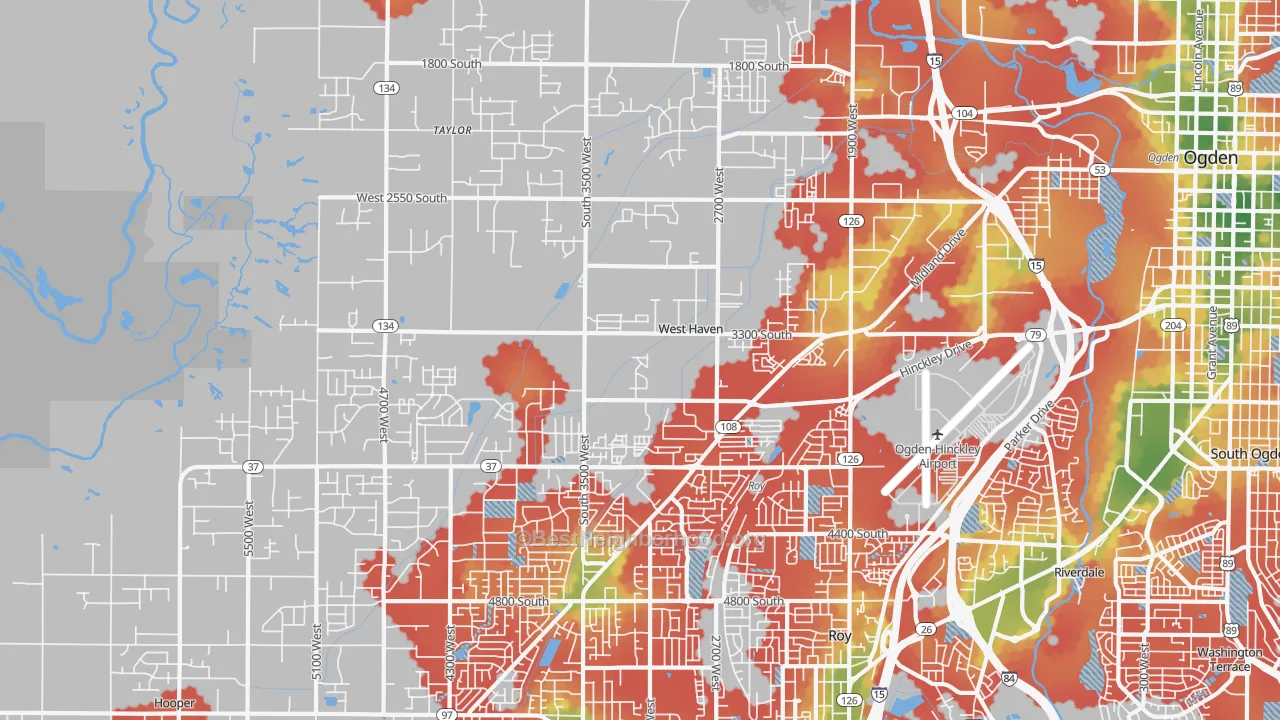 Walk Grade map of West Haven, UT, walkable areas in green and car-dependent areas in red