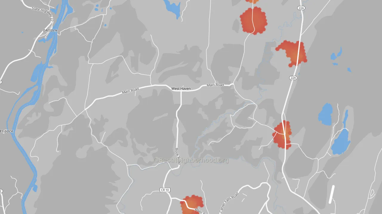 Walk Grade map of West Haven, VT, walkable areas in green and car-dependent areas in red