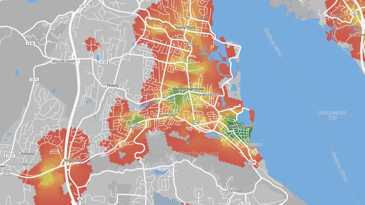 Walk Grade map of West Haverstraw, NY, walkable areas in green and car-dependent areas in red
