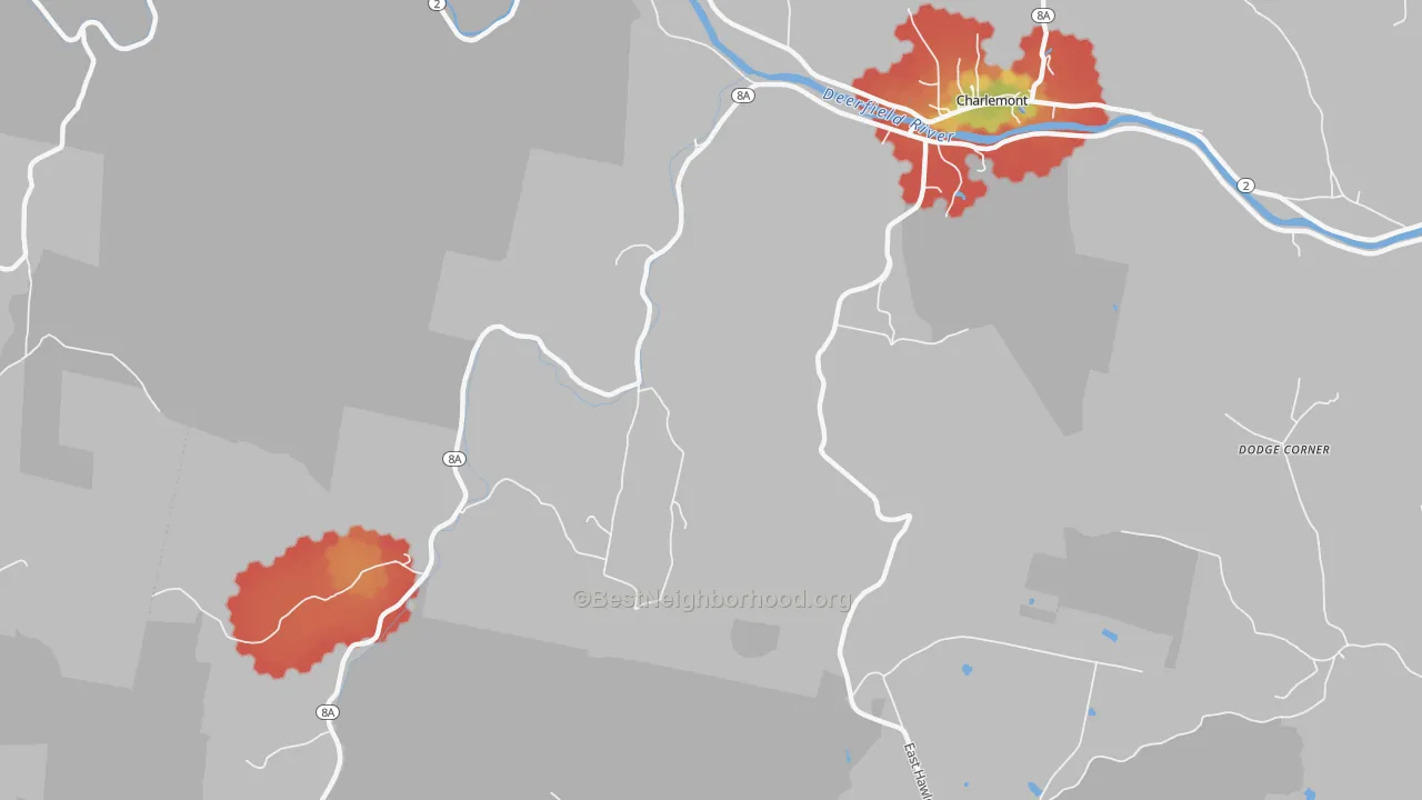 Walk Grade map of West Hawley, MA, walkable areas in green and car-dependent areas in red