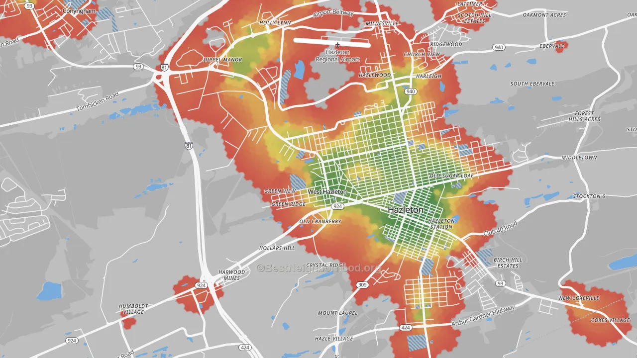 Walk Grade map of West Hazleton, PA, walkable areas in green and car-dependent areas in red