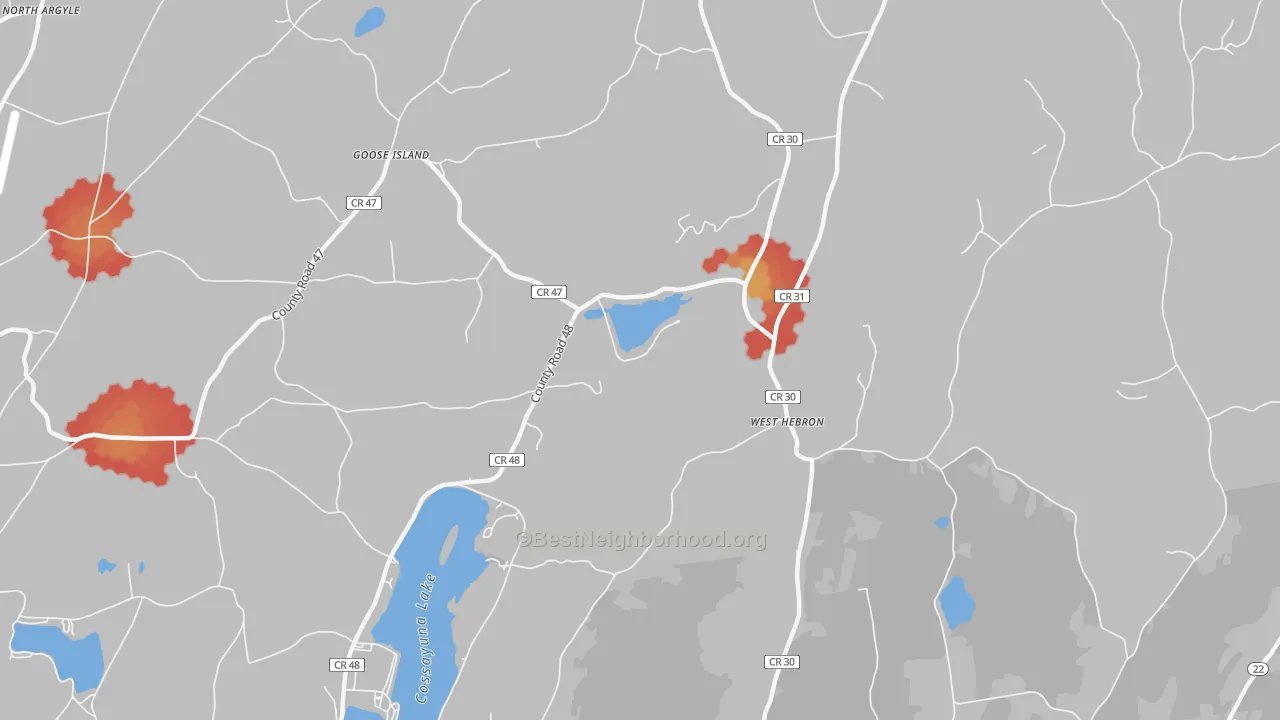 Walk Grade map of West Hebron, NY, walkable areas in green and car-dependent areas in red