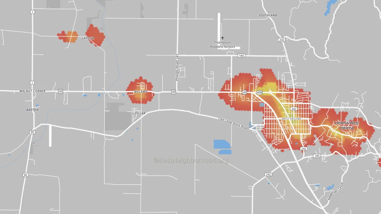 Walk Grade map of West Helena, AR, walkable areas in green and car-dependent areas in red
