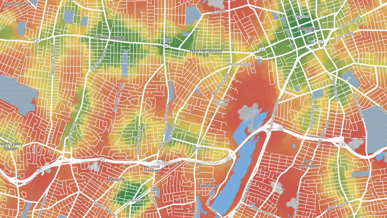 Walk Grade map of West Hempstead, NY, walkable areas in green and car-dependent areas in red