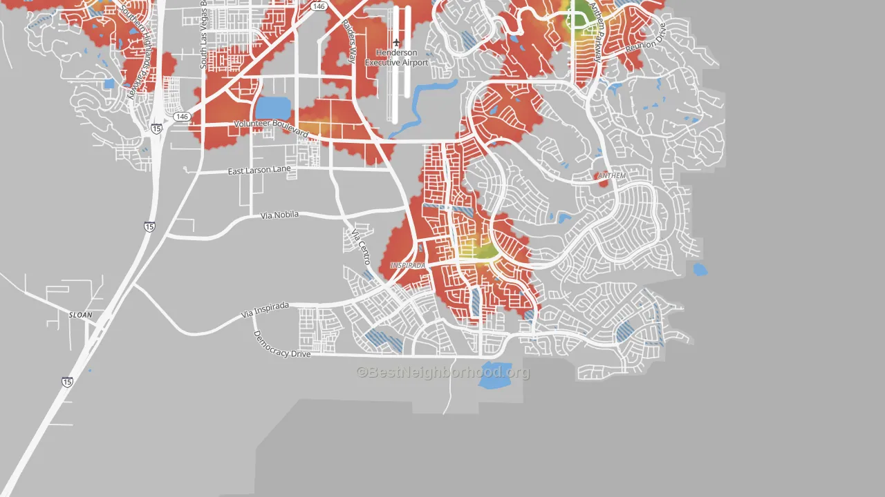 Walk Grade map of West Henderson, Henderson, NV, walkable areas in green and car-dependent areas in red