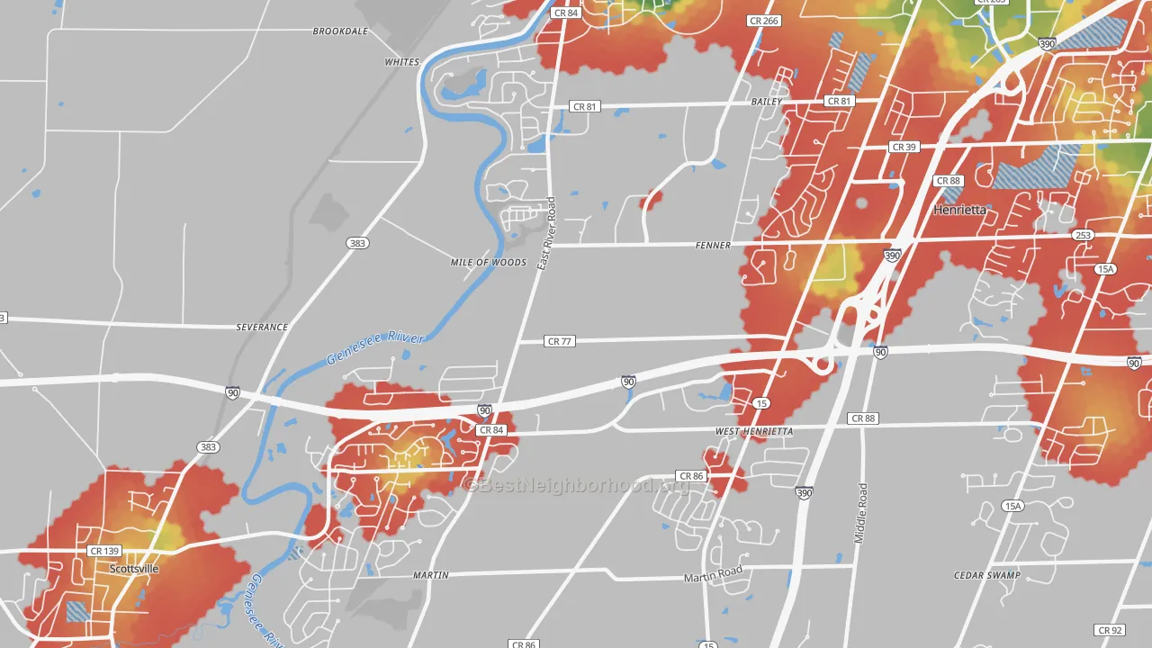 Walk Grade map of West Henrietta, NY, walkable areas in green and car-dependent areas in red