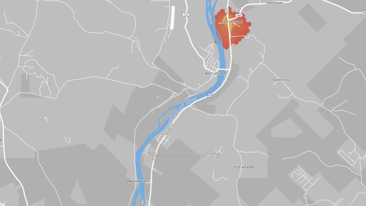 Walk Grade map of West Hickory, PA, walkable areas in green and car-dependent areas in red