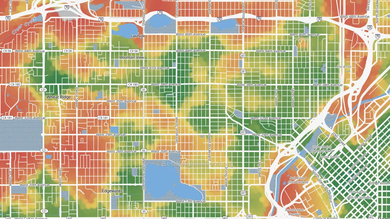 Walk Grade map of West Highland, Denver, CO, walkable areas in green and car-dependent areas in red