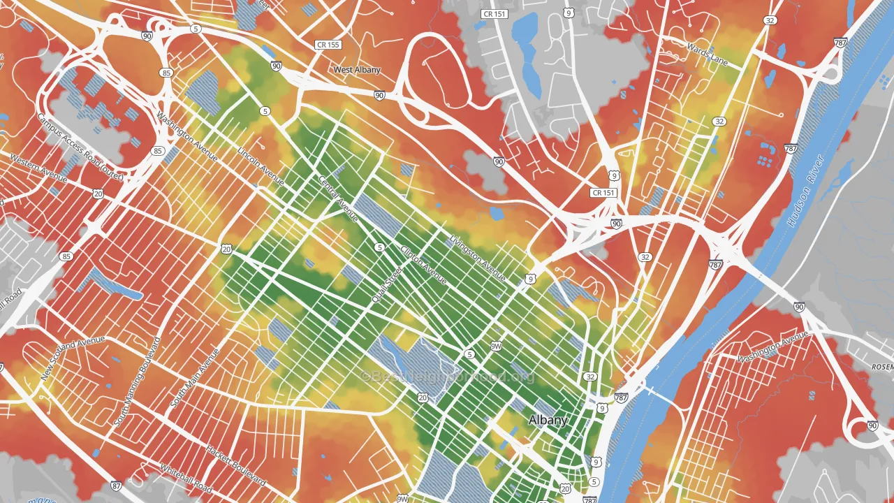 Walk Grade map of West Hill, Albany, NY, walkable areas in green and car-dependent areas in red