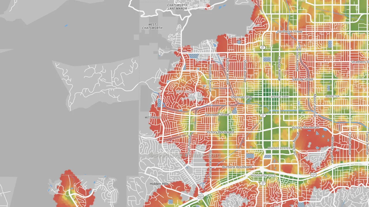 Walk Grade map of West Hills, CA, walkable areas in green and car-dependent areas in red