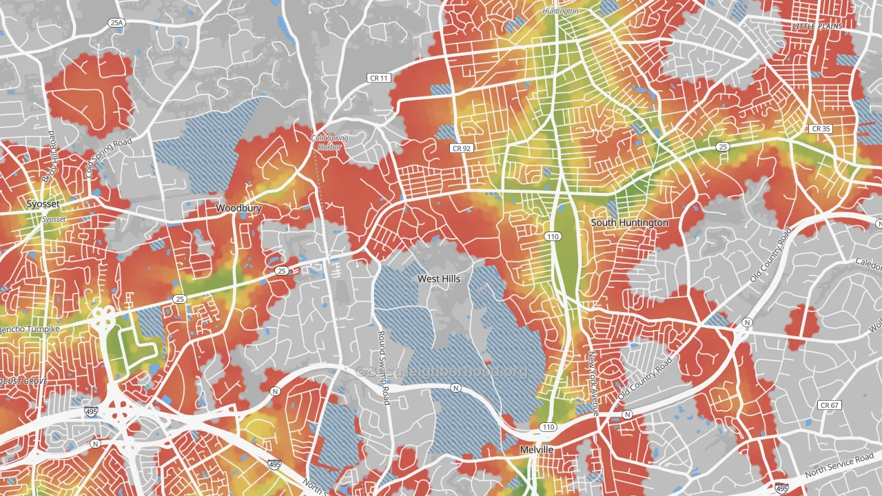 Walk Grade map of West Hills, Huntington, NY, walkable areas in green and car-dependent areas in red