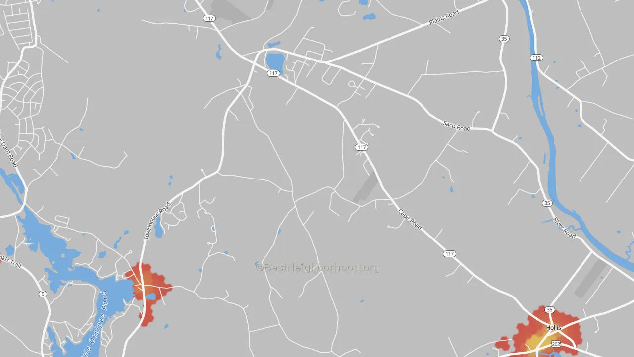 Walk Grade map of West Hollis, ME, walkable areas in green and car-dependent areas in red