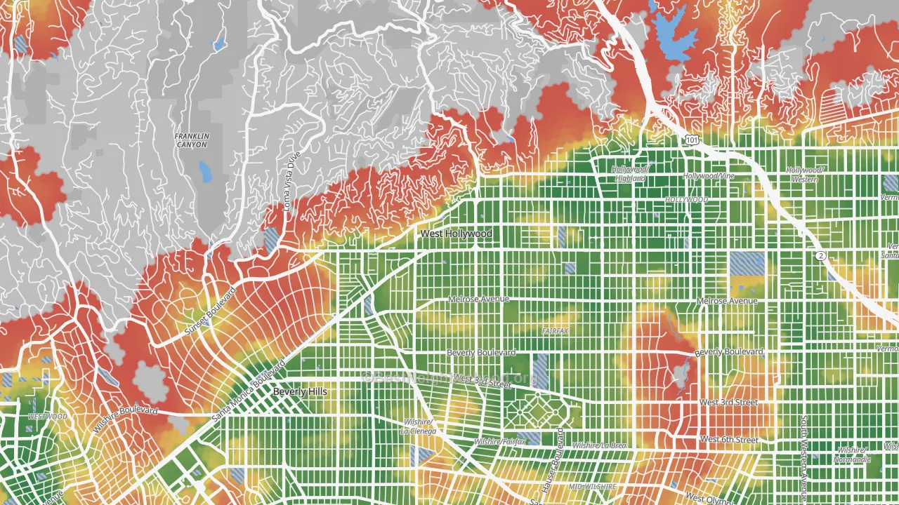 Walk Grade map of West Hollywood, CA, walkable areas in green and car-dependent areas in red