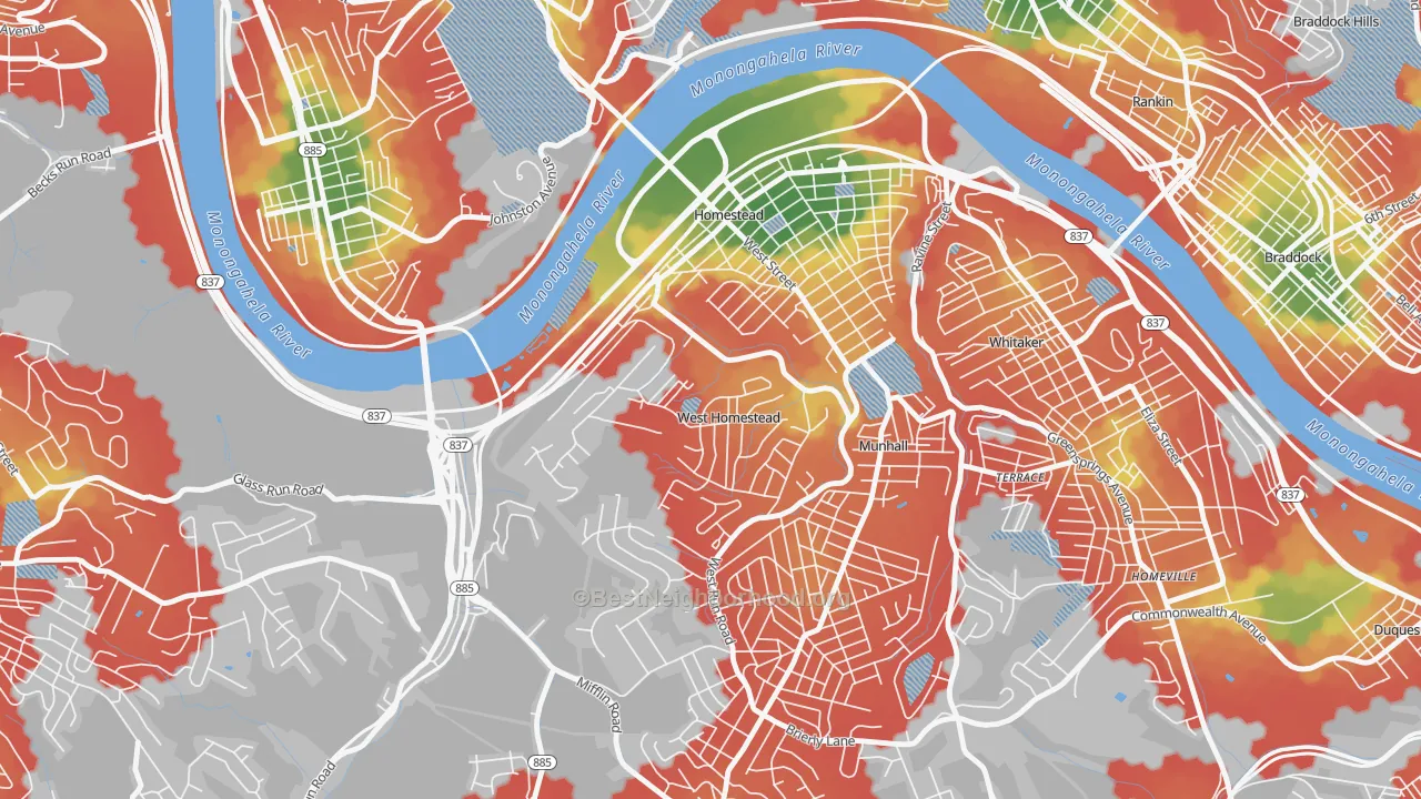 Walk Grade map of West Homestead, PA, walkable areas in green and car-dependent areas in red