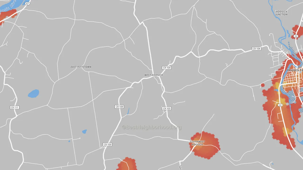 Walk Grade map of West Hoosick, NY, walkable areas in green and car-dependent areas in red