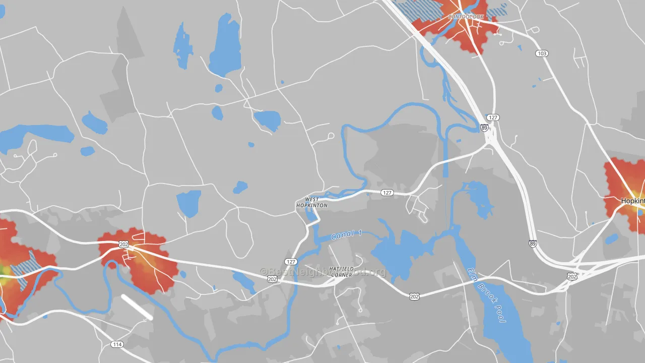 Walk Grade map of West Hopkinton, NH, walkable areas in green and car-dependent areas in red