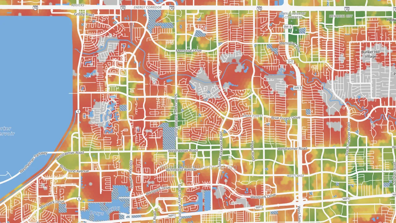 Walk Grade map of West Houston, Houston, TX, walkable areas in green and car-dependent areas in red