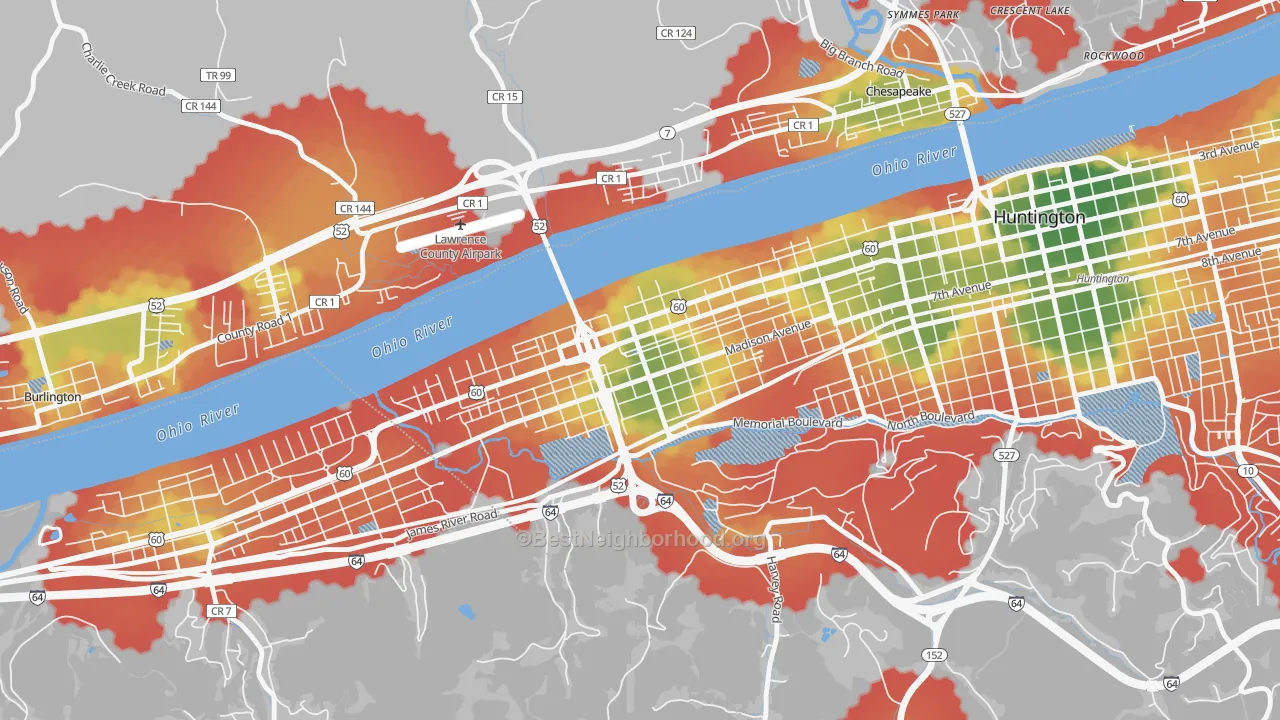 Walk Grade map of West Huntington, Huntington, WV, walkable areas in green and car-dependent areas in red