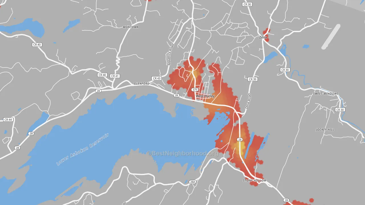 Walk Grade map of West Hurley, NY, walkable areas in green and car-dependent areas in red