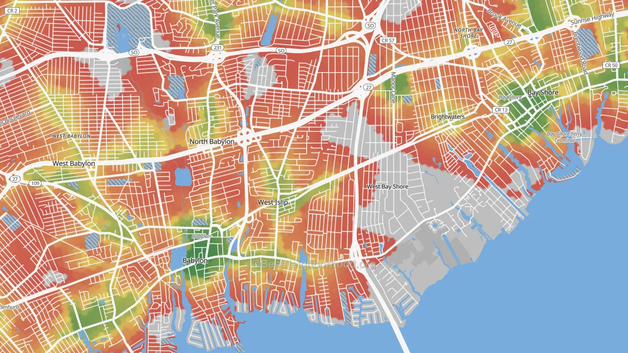 Walk Grade map of West Islip, NY, walkable areas in green and car-dependent areas in red