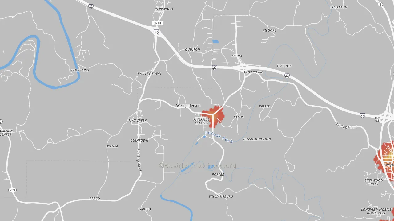 Walk Grade map of West Jefferson, AL, walkable areas in green and car-dependent areas in red