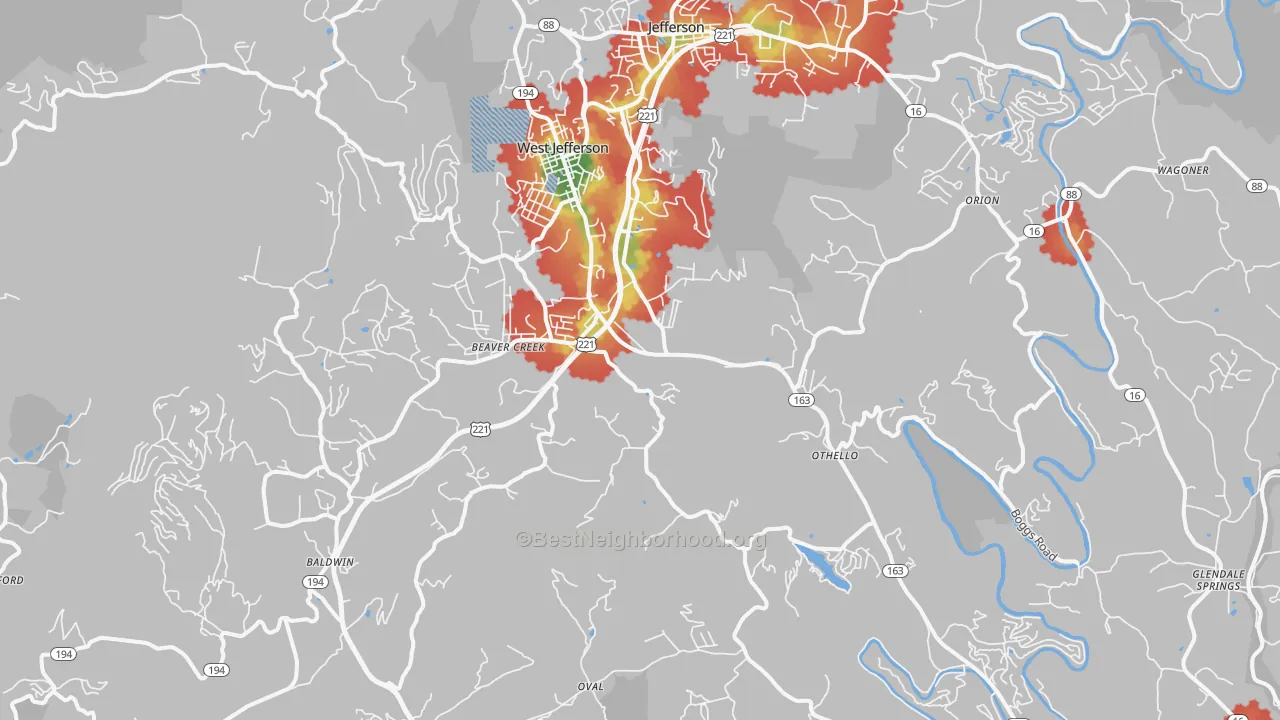 Walk Grade map of West Jefferson, NC, walkable areas in green and car-dependent areas in red