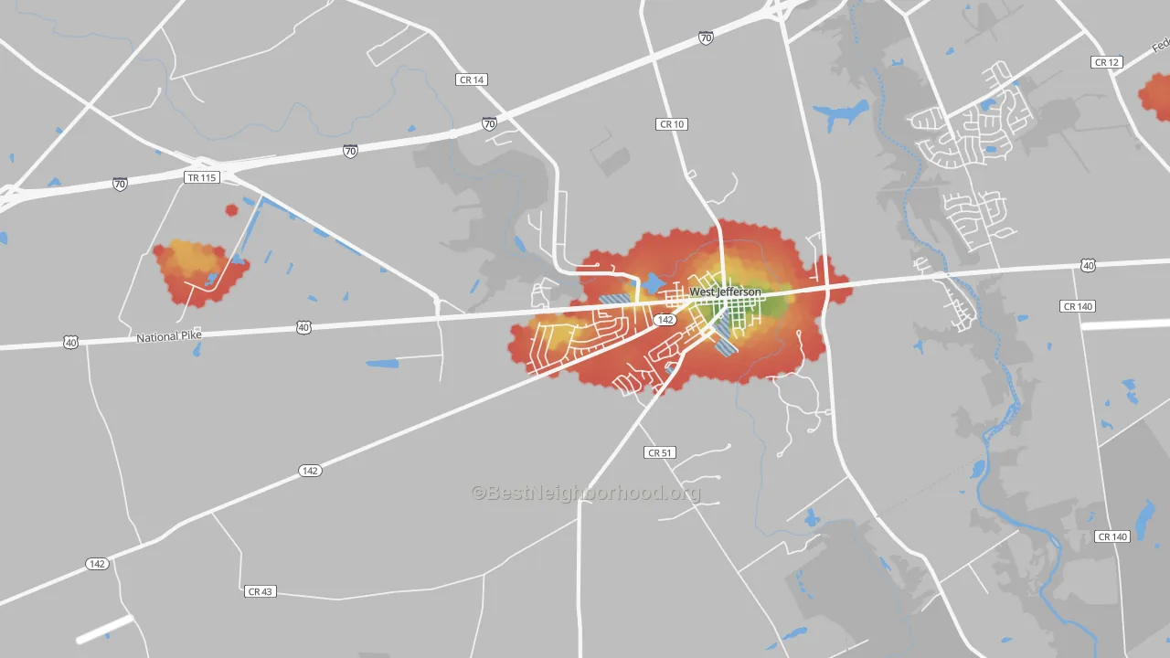Walk Grade map of West Jefferson, OH, walkable areas in green and car-dependent areas in red