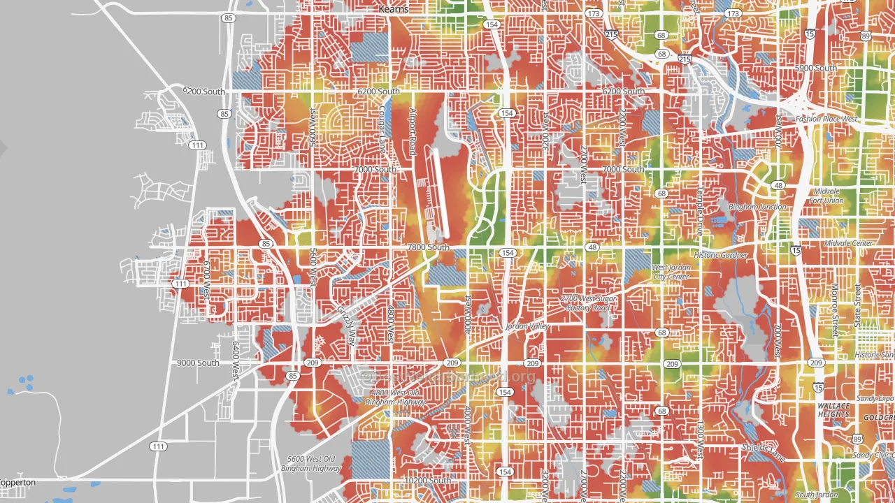 Walk Grade map of West Jordan, UT, walkable areas in green and car-dependent areas in red
