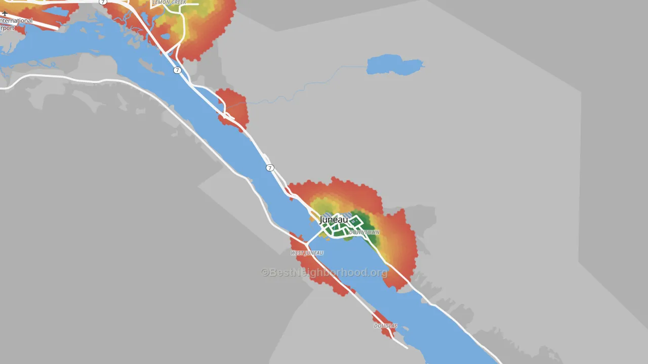 Walk Grade map of West Juneau, AK, walkable areas in green and car-dependent areas in red