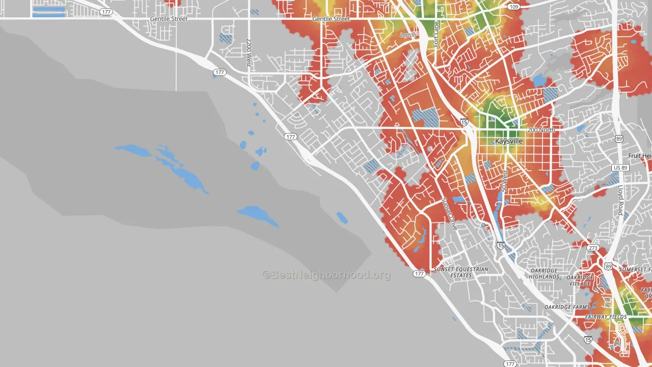 Walk Grade map of West Kaysville, UT, walkable areas in green and car-dependent areas in red