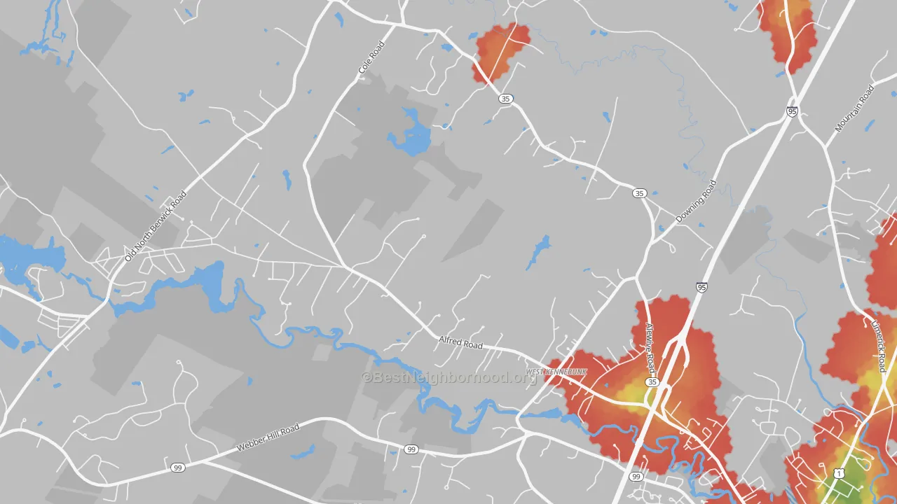 Walk Grade map of West Kennebunk, ME, walkable areas in green and car-dependent areas in red