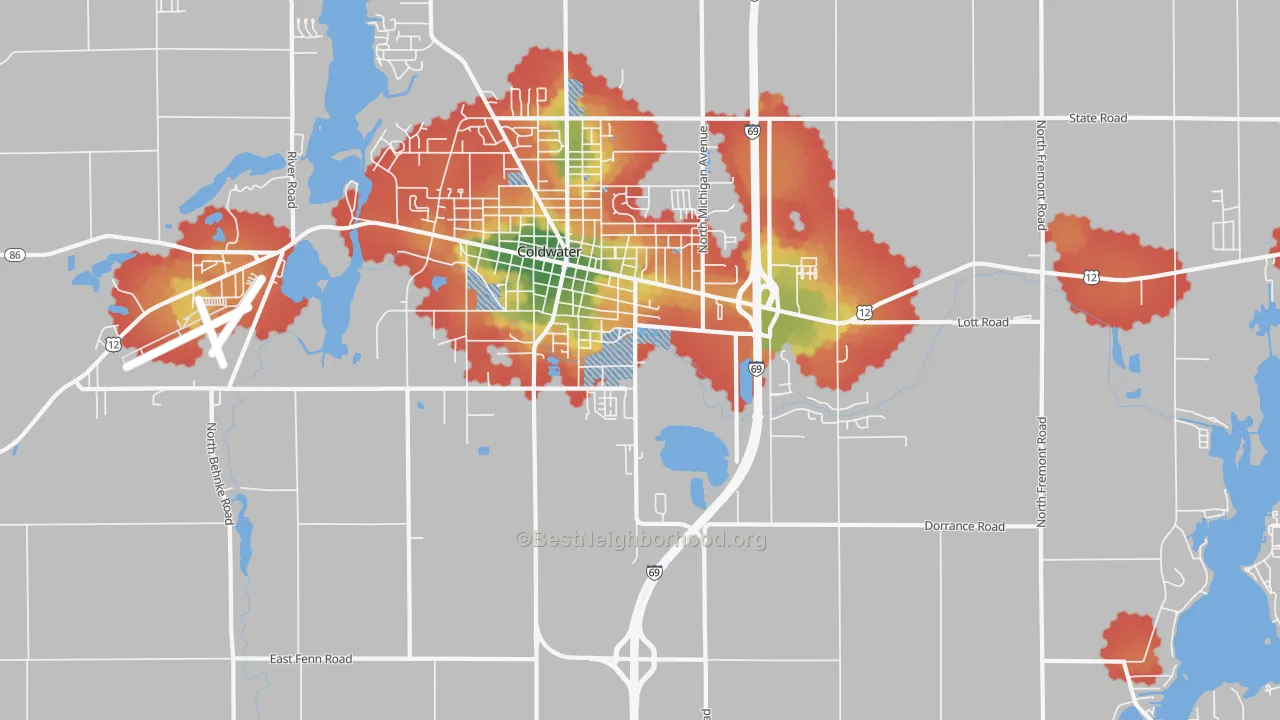 Walk Grade map of West Kinderhook, MI, walkable areas in green and car-dependent areas in red