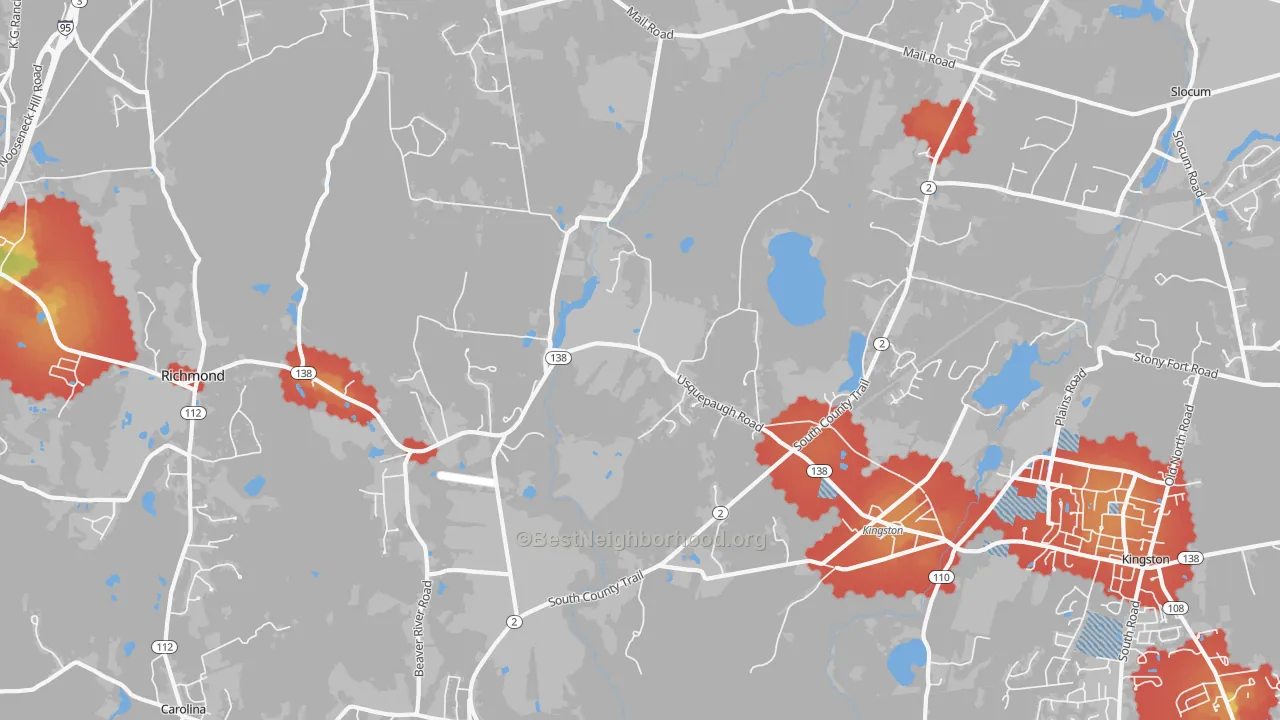 Walk Grade map of West Kingston, RI, walkable areas in green and car-dependent areas in red