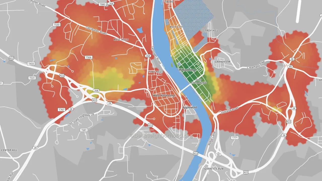 Walk Grade map of West Kittanning, PA, walkable areas in green and car-dependent areas in red