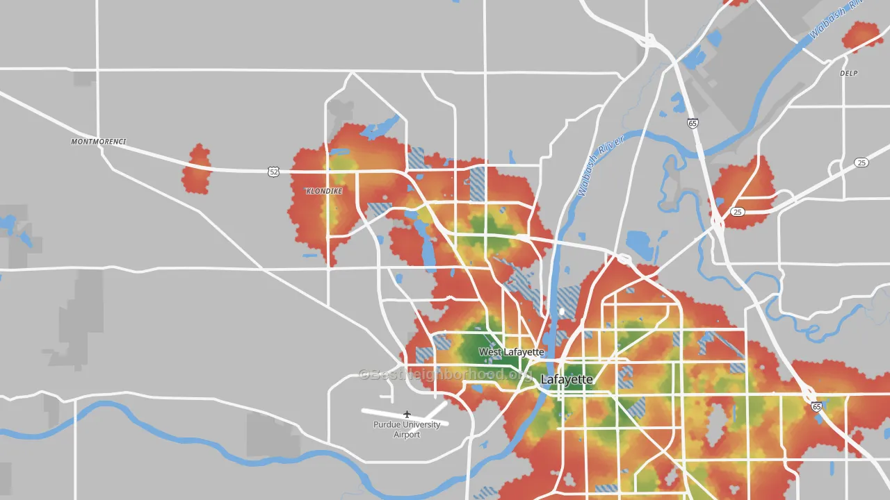 Walk Grade map of West Lafayette, IN, walkable areas in green and car-dependent areas in red