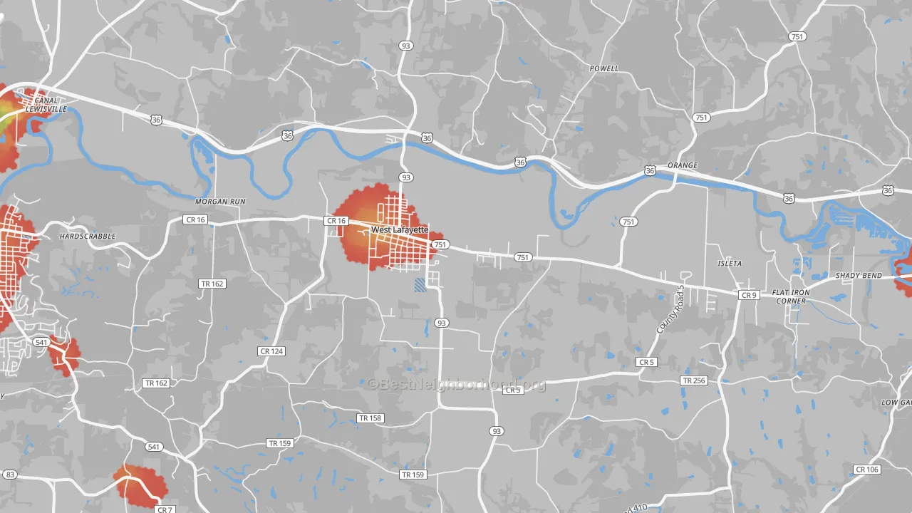 Walk Grade map of West Lafayette, OH, walkable areas in green and car-dependent areas in red