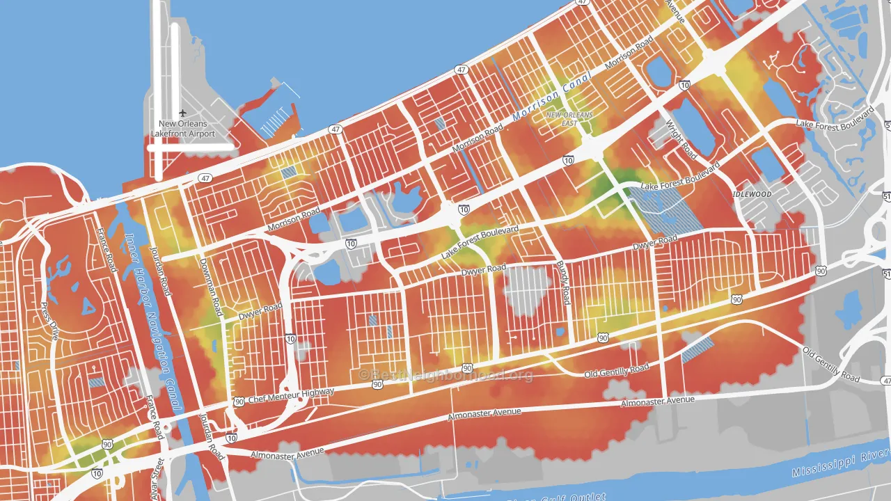 Walk Grade map of West Lake Forest, New Orleans, LA, walkable areas in green and car-dependent areas in red