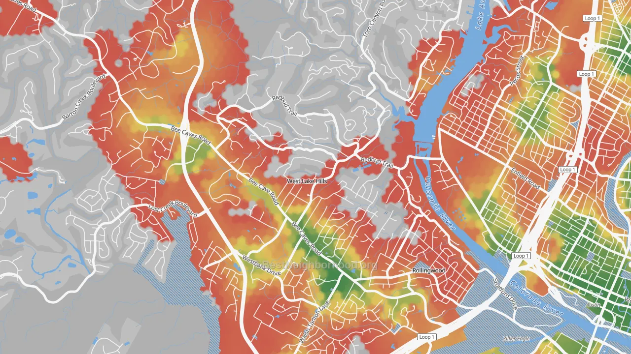 Walk Grade map of West Lake Hills, TX, walkable areas in green and car-dependent areas in red