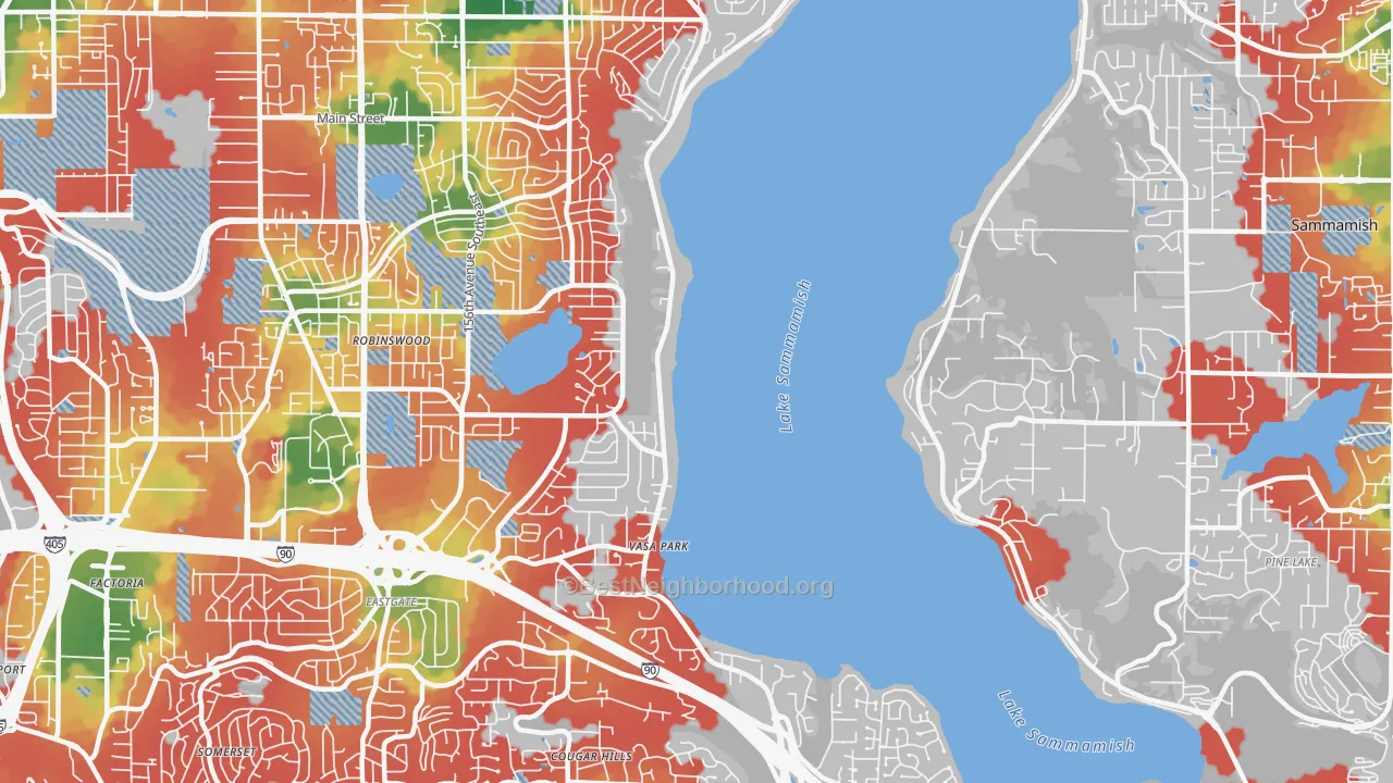 Walk Grade map of West Lake Sammamish, Bellevue, WA, walkable areas in green and car-dependent areas in red