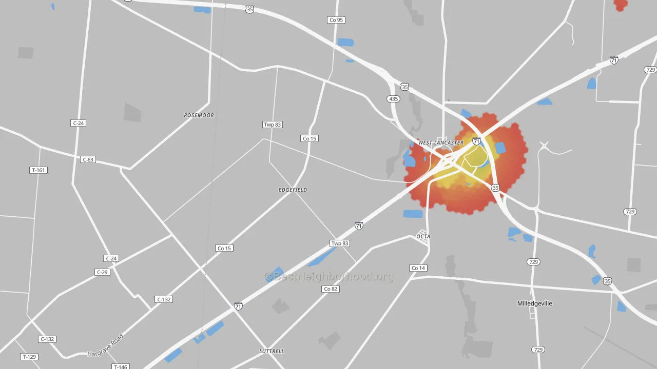 Walk Grade map of West Lancaster, OH, walkable areas in green and car-dependent areas in red