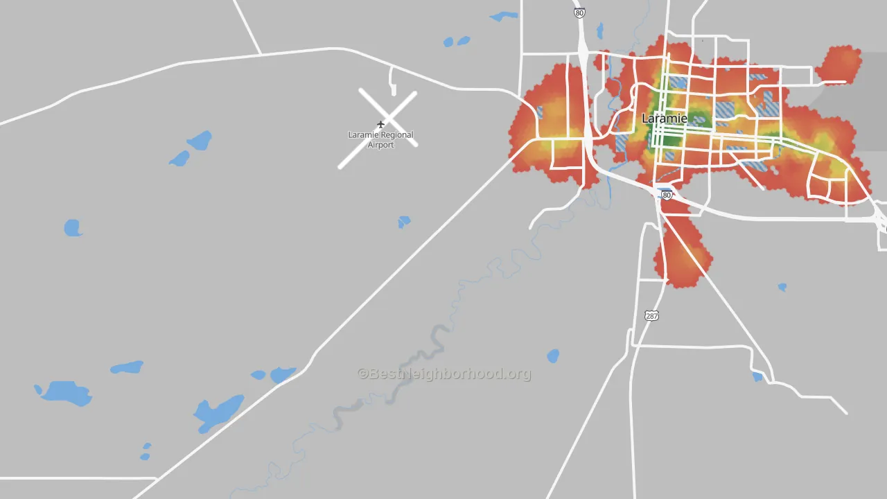 Walk Grade map of West Laramie, WY, walkable areas in green and car-dependent areas in red