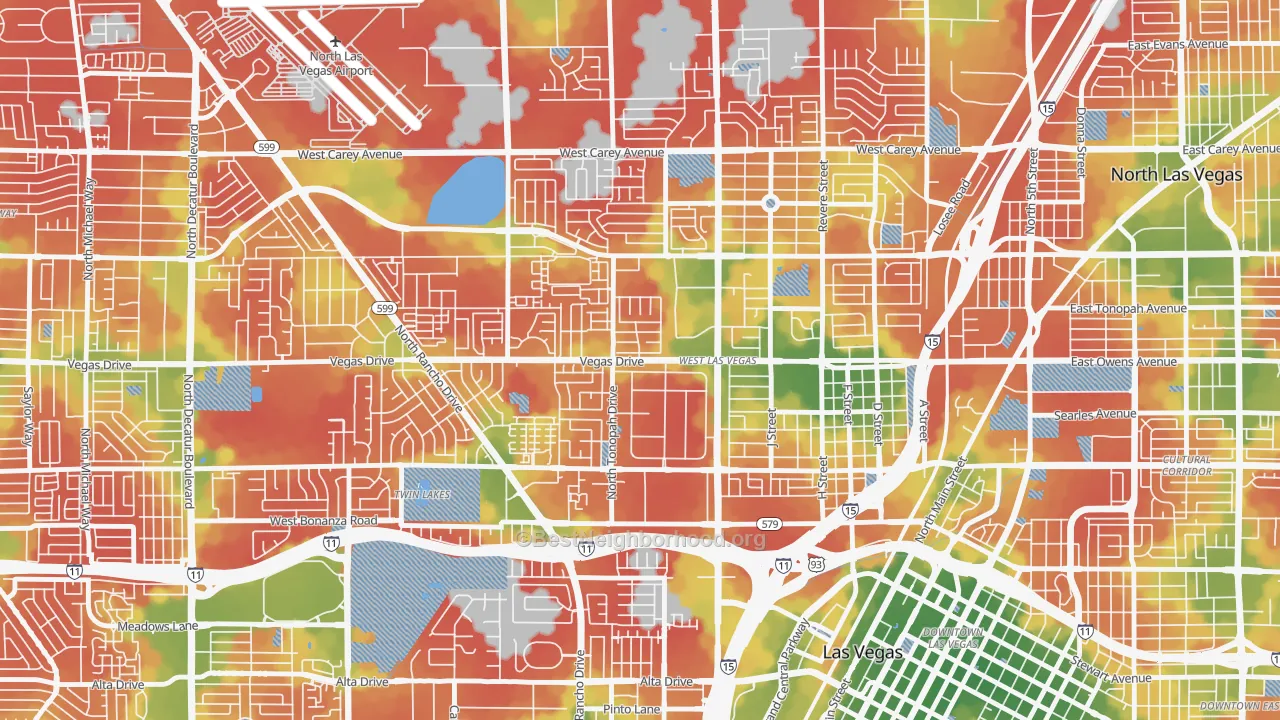 Walk Grade map of West Las Vegas, Las Vegas, NV, walkable areas in green and car-dependent areas in red