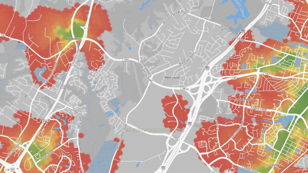 Walk Grade map of West Laurel, Laurel, MD, walkable areas in green and car-dependent areas in red