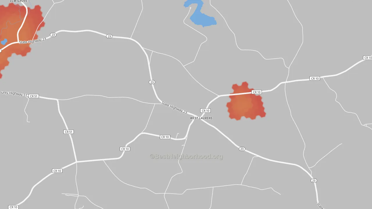 Walk Grade map of West Laurens, NY, walkable areas in green and car-dependent areas in red