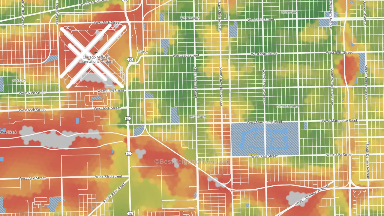 Walk Grade map of West Lawn, Chicago, IL, walkable areas in green and car-dependent areas in red