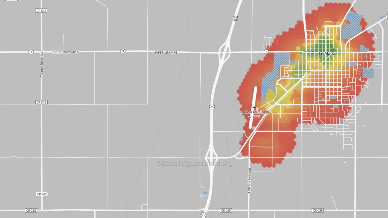 Walk Grade map of West Le Mars, IA, walkable areas in green and car-dependent areas in red